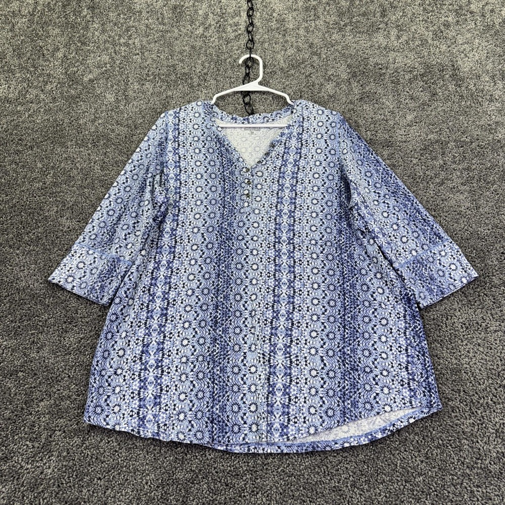 Relativity Shirt Womens 2X Blue Geometric Henley 3/4 Sleeve Tunic Jersey Stretch